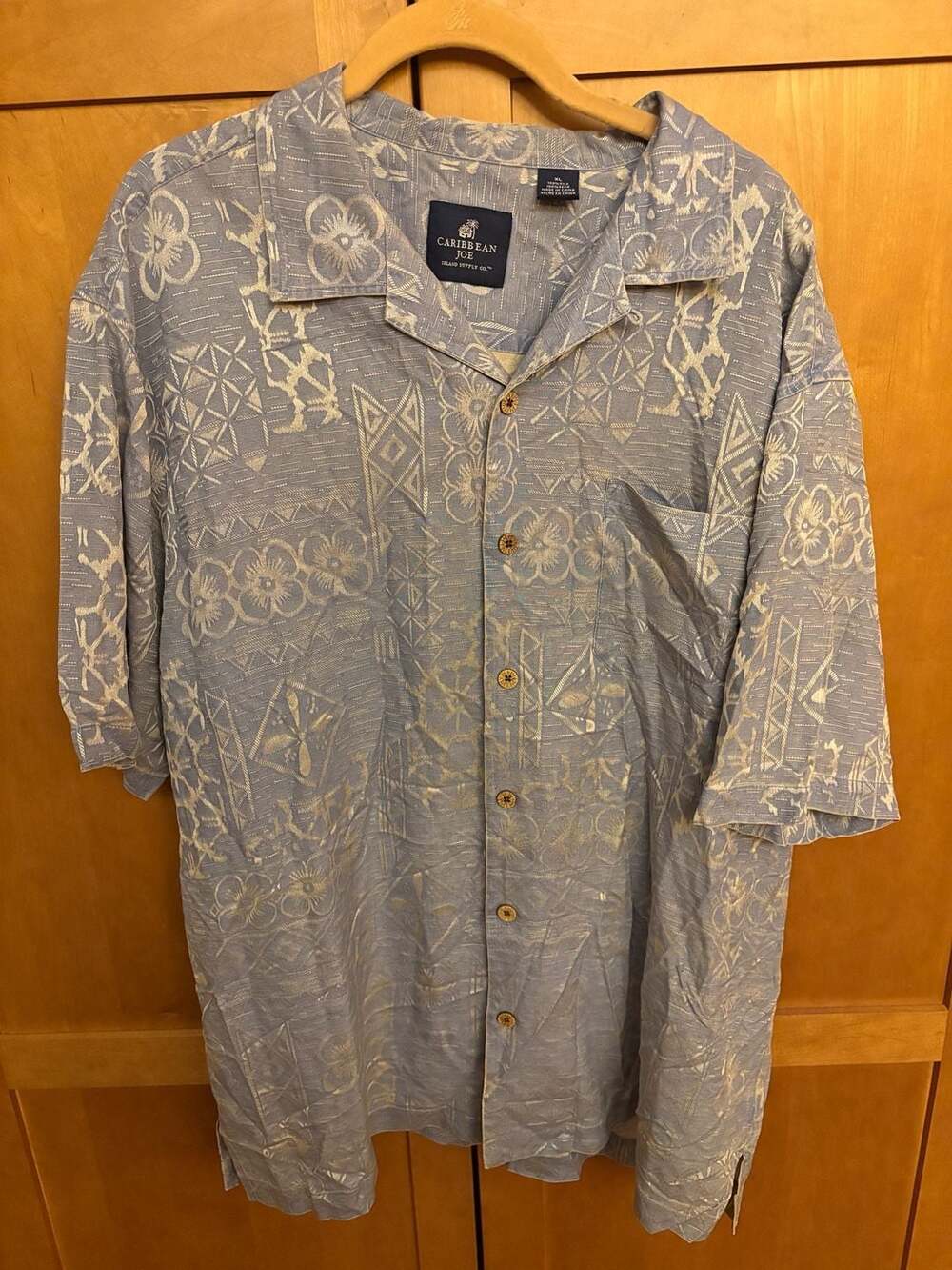 Caribbean Joe 100% Silk Blue Tribal Geometric Tropical Camp Shirt XL
